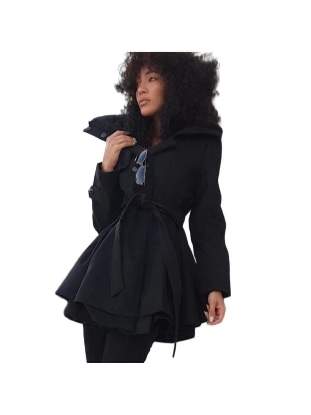BLACK FAUX FUR COLLARED DOUBLE BREASTED FLARE BOTTOM TRENCH COAT MEDIUM NWT - Picture 2 of 8